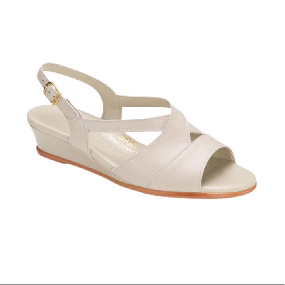 SAS Cross Strap Leather Wedge Sandals White 7.5